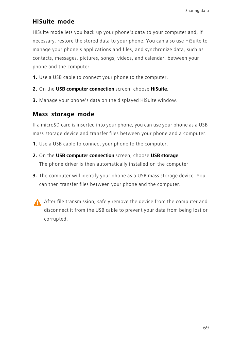 Hisuite mode, Mass storage mode | Huawei Ascend G700-U20 User Manual | Page 74 / 98