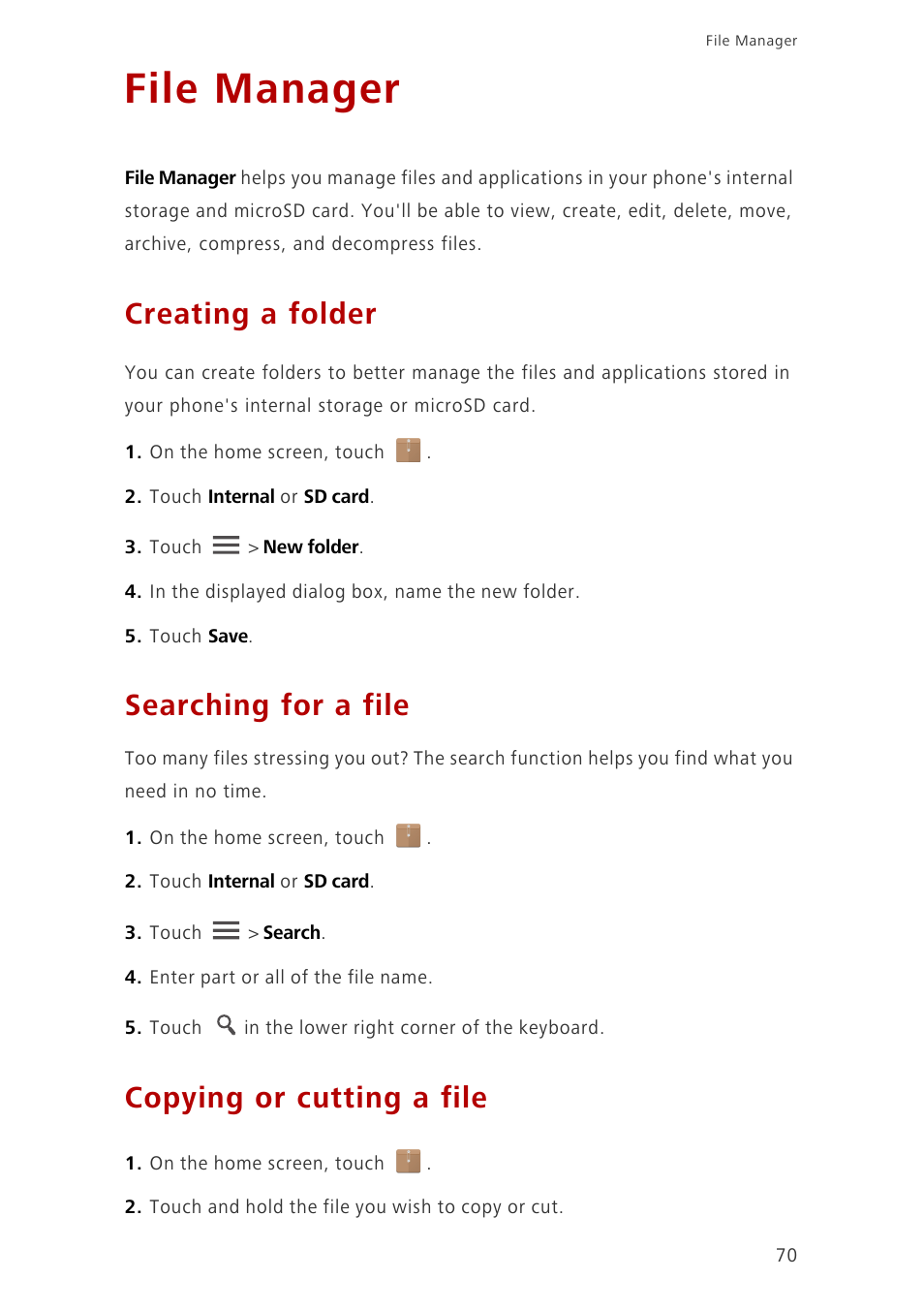 File manager, Creating a folder, Searching for a file | Copying or cutting a file | Huawei Ascend G700-U20 User Manual | Page 75 / 98