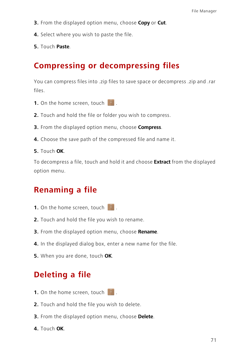 Compressing or decompressing files, Renaming a file, Deleting a file | Huawei Ascend G700-U20 User Manual | Page 76 / 98