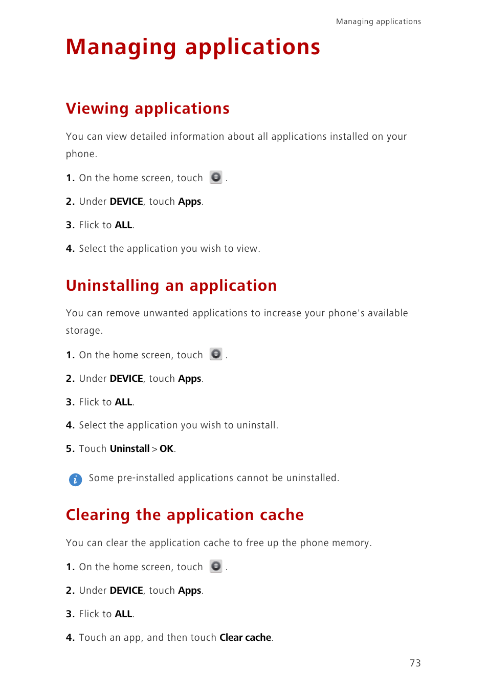 Managing applications, Viewing applications, Uninstalling an application | Clearing the application cache | Huawei Ascend G700-U20 User Manual | Page 78 / 98