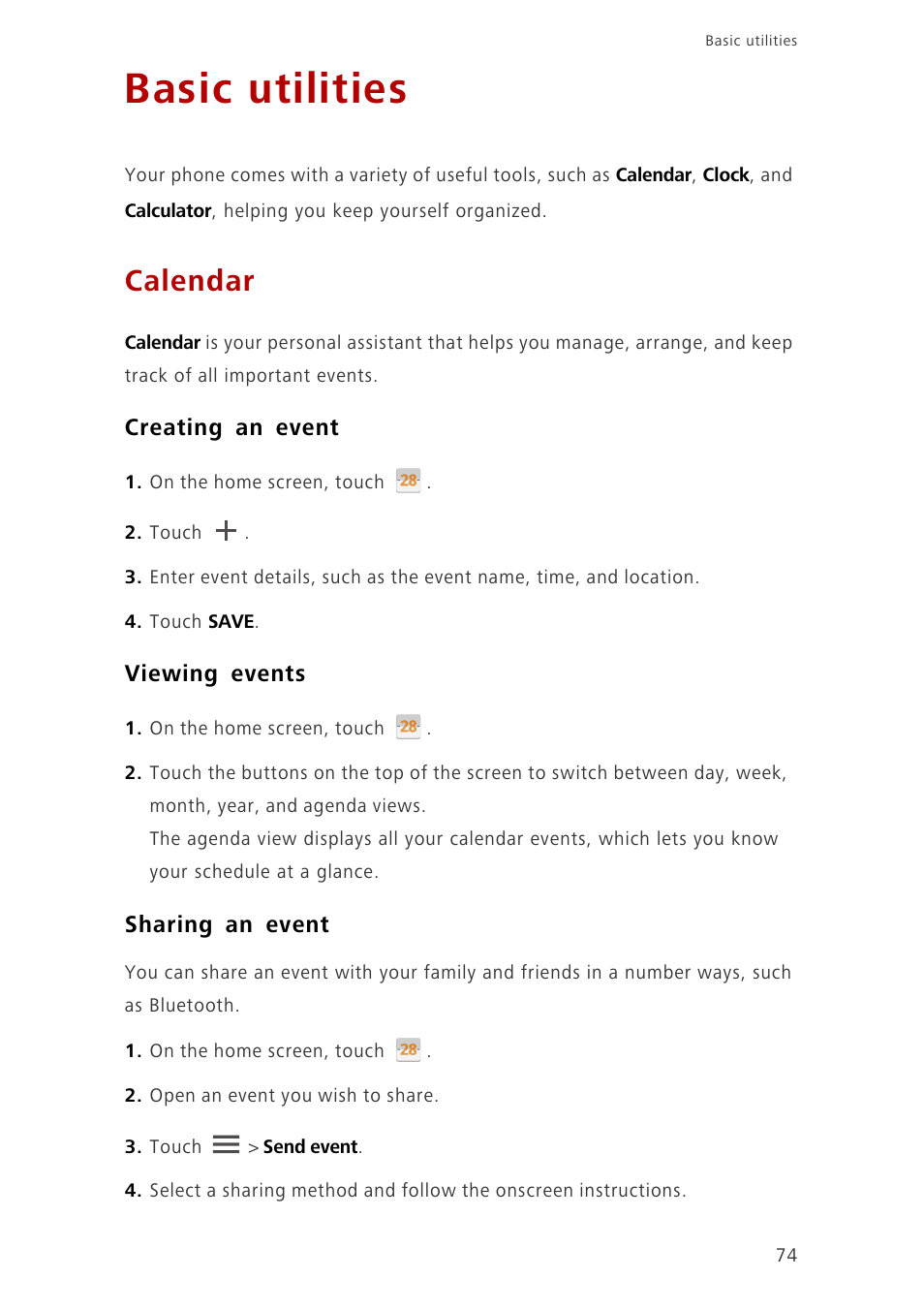 Basic utilities, Calendar, Creating an event | Viewing events, Sharing an event | Huawei Ascend G700-U20 User Manual | Page 79 / 98