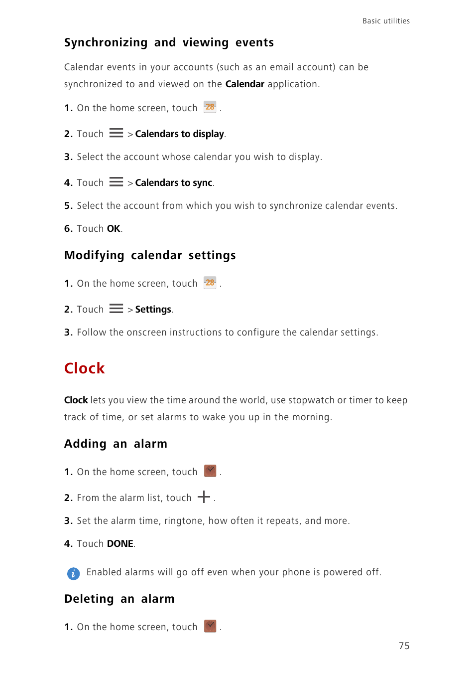 Synchronizing and viewing events, Modifying calendar settings, Clock | Adding an alarm, Deleting an alarm | Huawei Ascend G700-U20 User Manual | Page 80 / 98