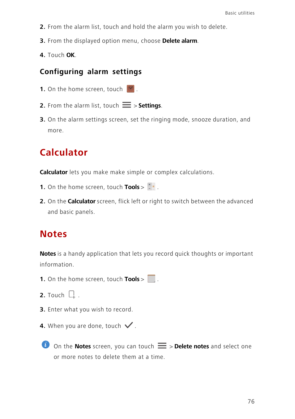 Configuring alarm settings, Calculator, Notes | Huawei Ascend G700-U20 User Manual | Page 81 / 98