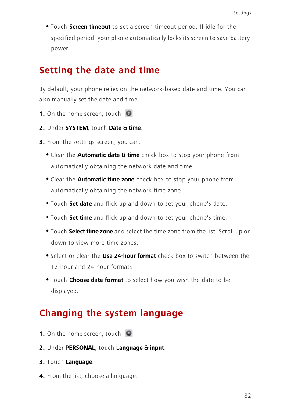 Setting the date and time, Changing the system language | Huawei Ascend G700-U20 User Manual | Page 87 / 98