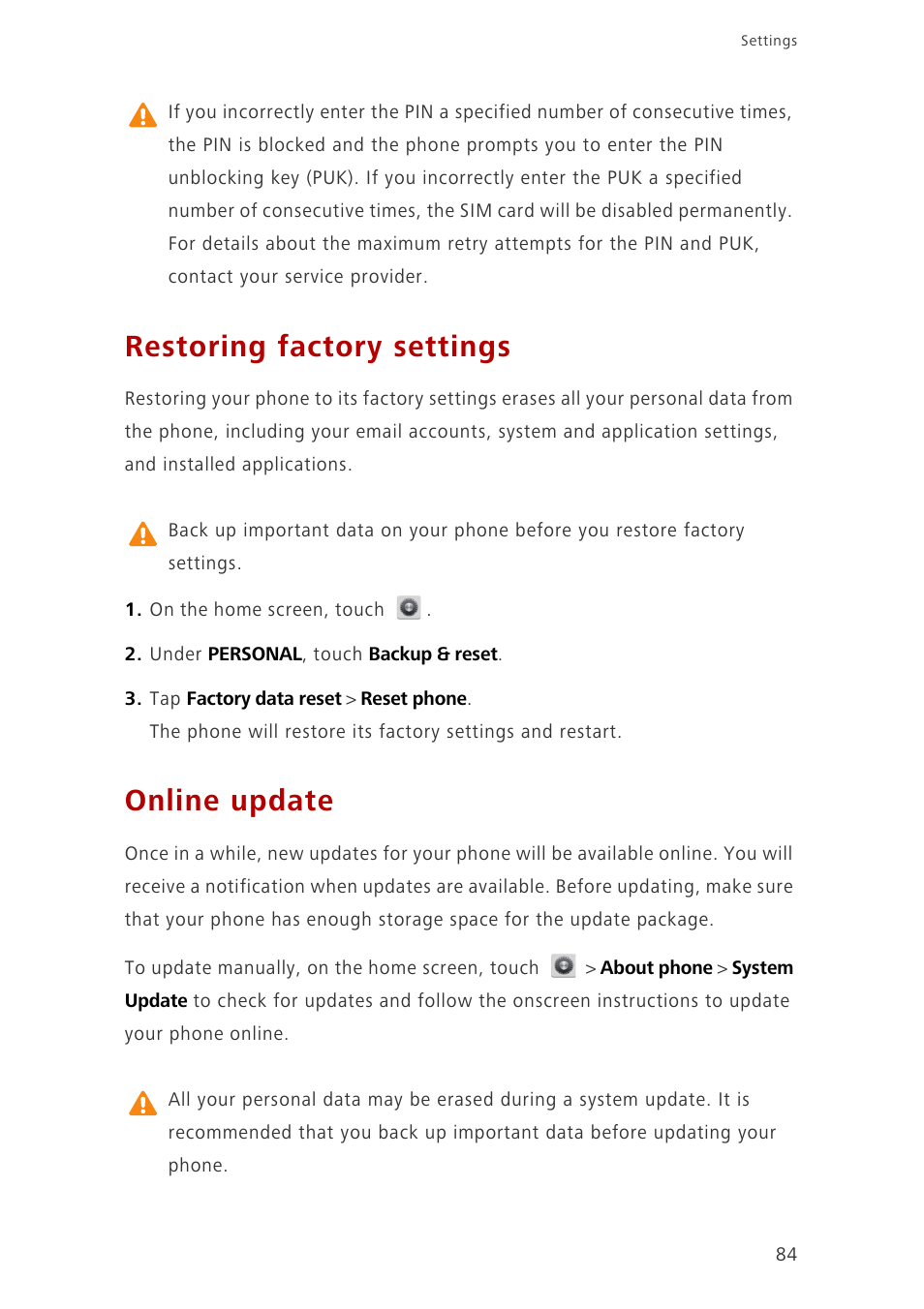 Restoring factory settings, Online update | Huawei Ascend G700-U20 User Manual | Page 89 / 98