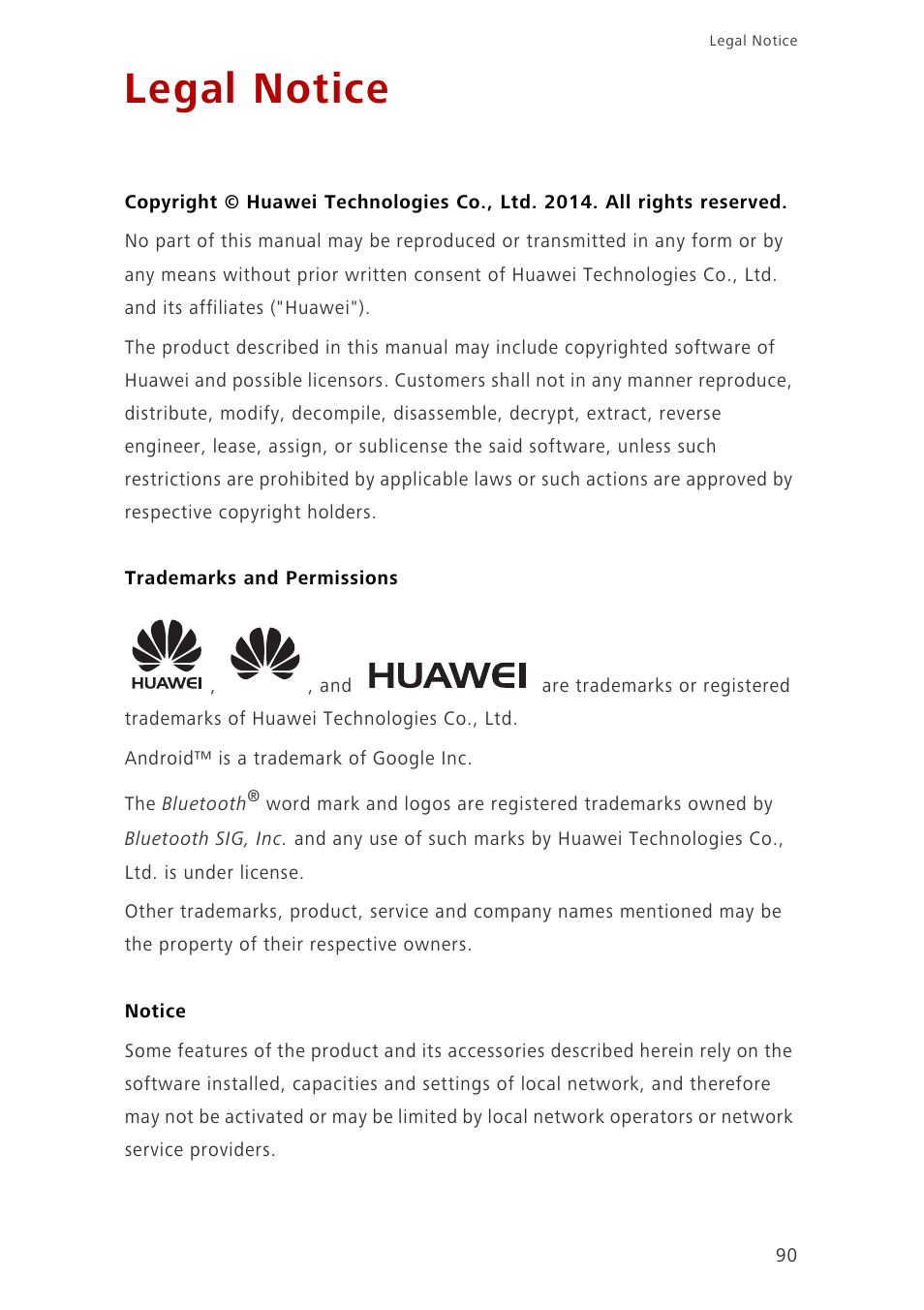 Legal notice, Trademarks and permissions, Notice | Huawei Ascend G700-U20 User Manual | Page 95 / 98