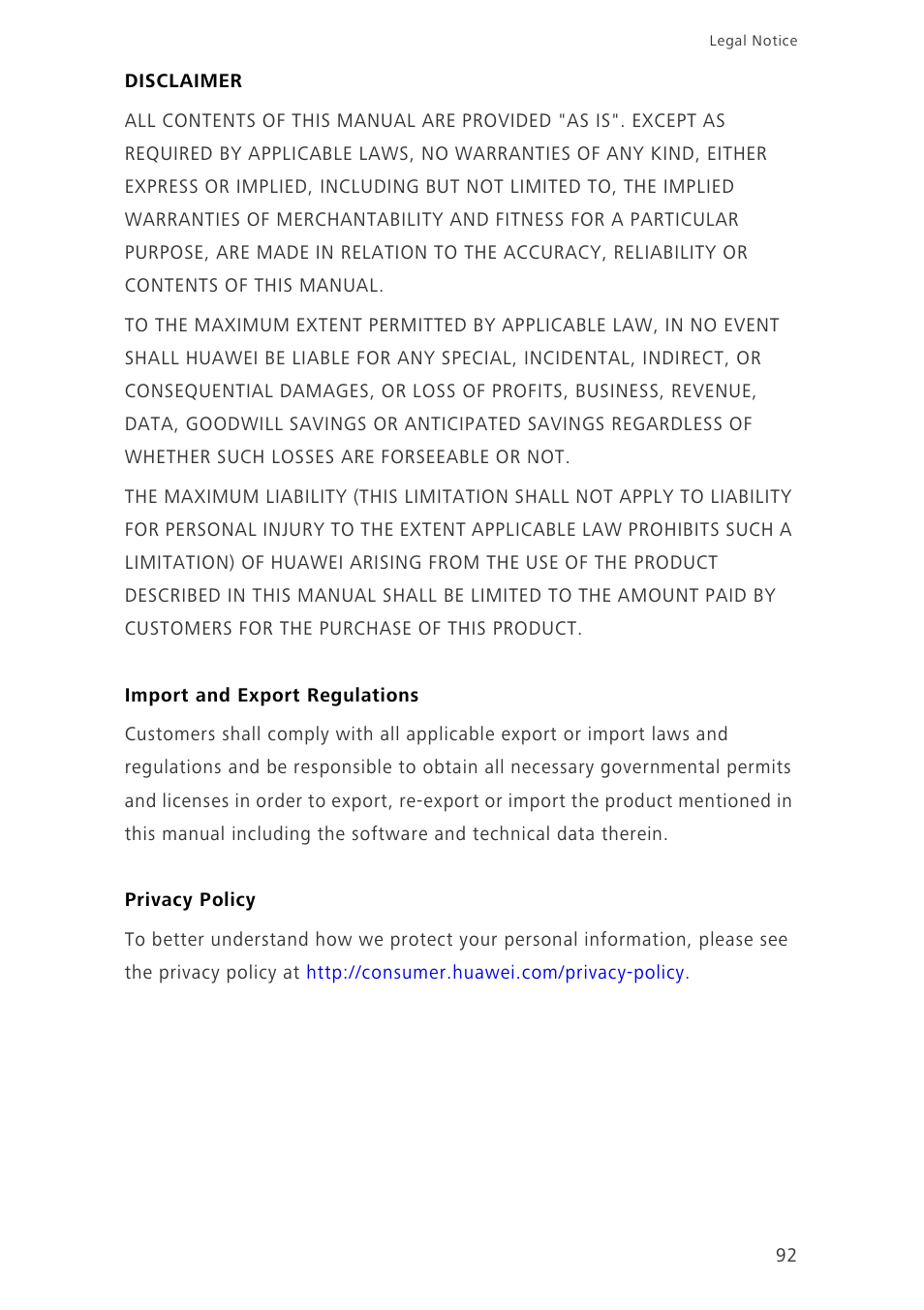 Disclaimer, Import and export regulations, Privacy policy | Huawei Ascend G700-U20 User Manual | Page 97 / 98