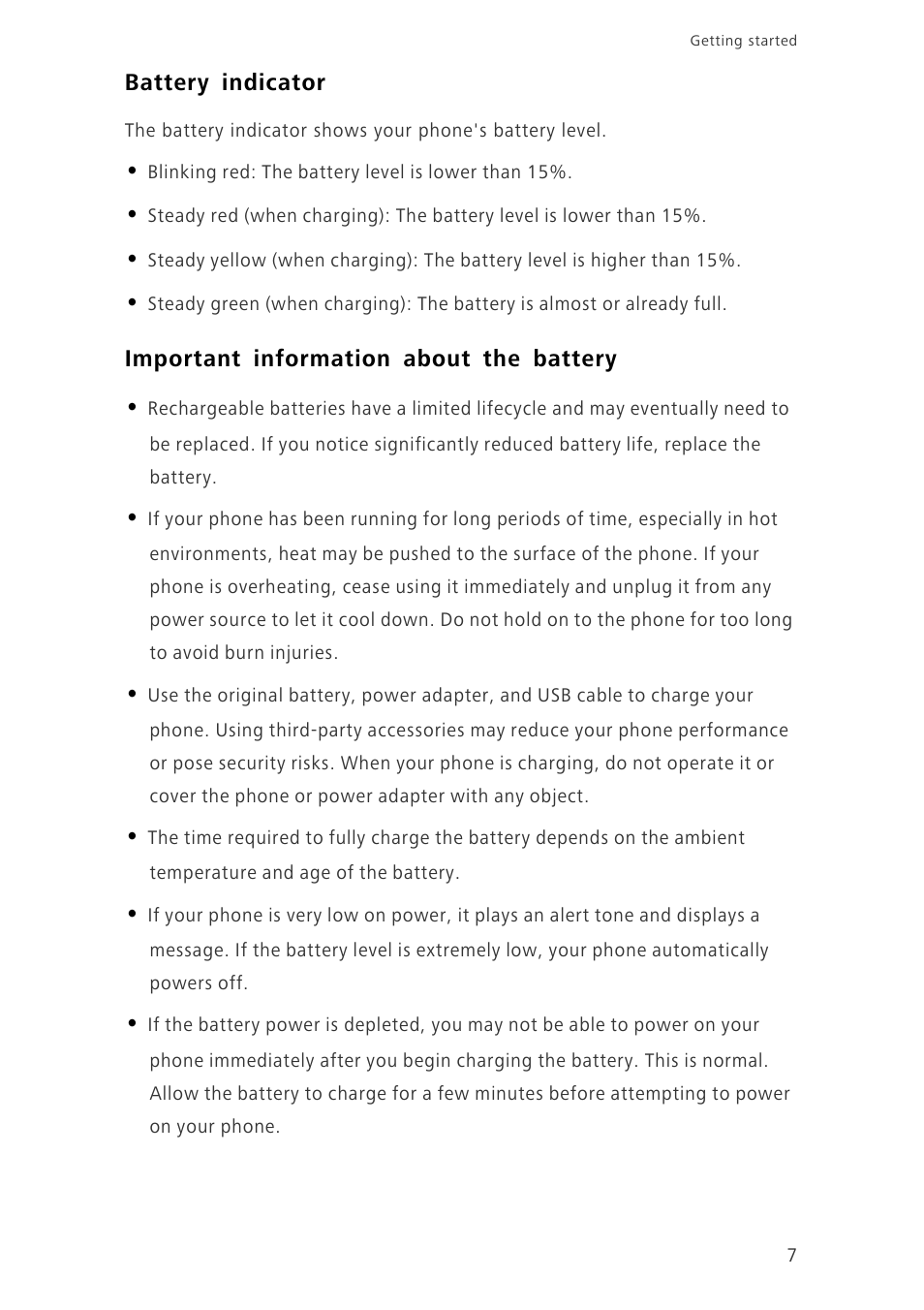 Battery indicator, Important information about the battery | Huawei Ascend G730-U10 User Manual | Page 12 / 101
