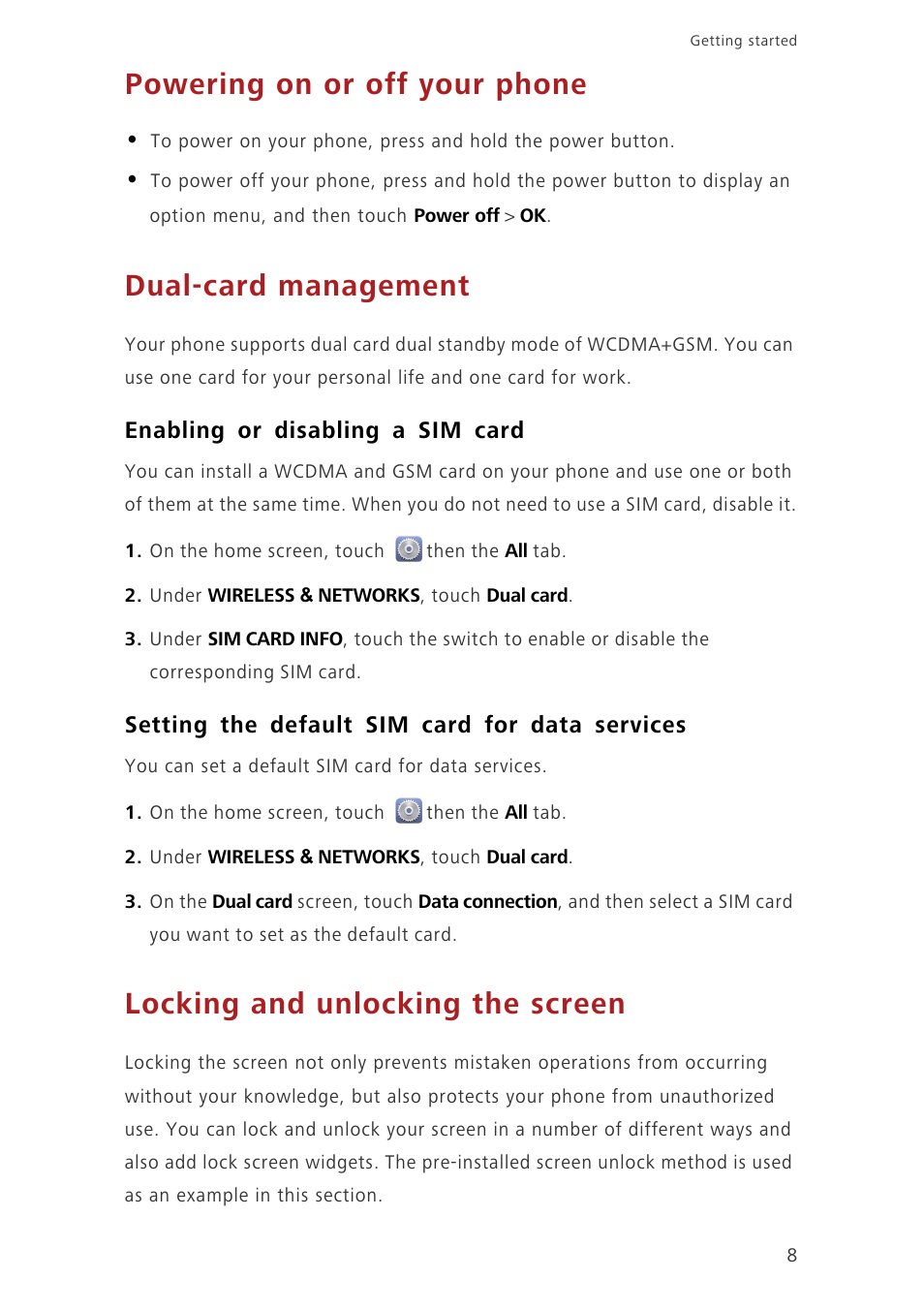 Powering on or off your phone, Dual-card management, Enabling or disabling a sim card | Setting the default sim card for data services, Locking and unlocking the screen | Huawei Ascend G730-U10 User Manual | Page 13 / 101