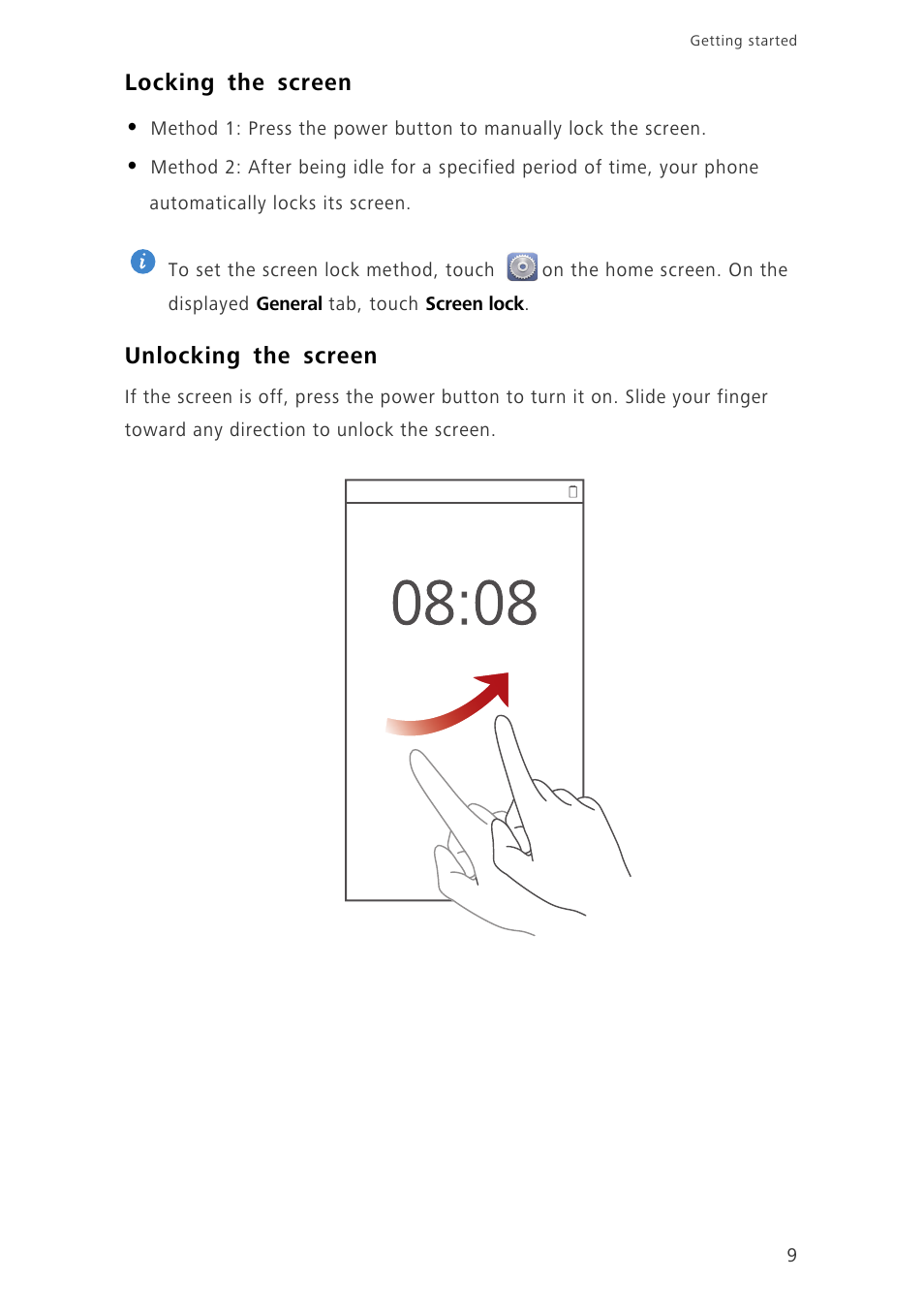 Locking the screen, Unlocking the screen | Huawei Ascend G730-U10 User Manual | Page 14 / 101