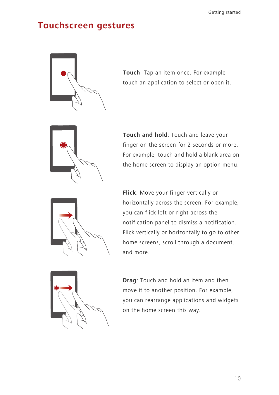 Touchscreen gestures | Huawei Ascend G730-U10 User Manual | Page 15 / 101