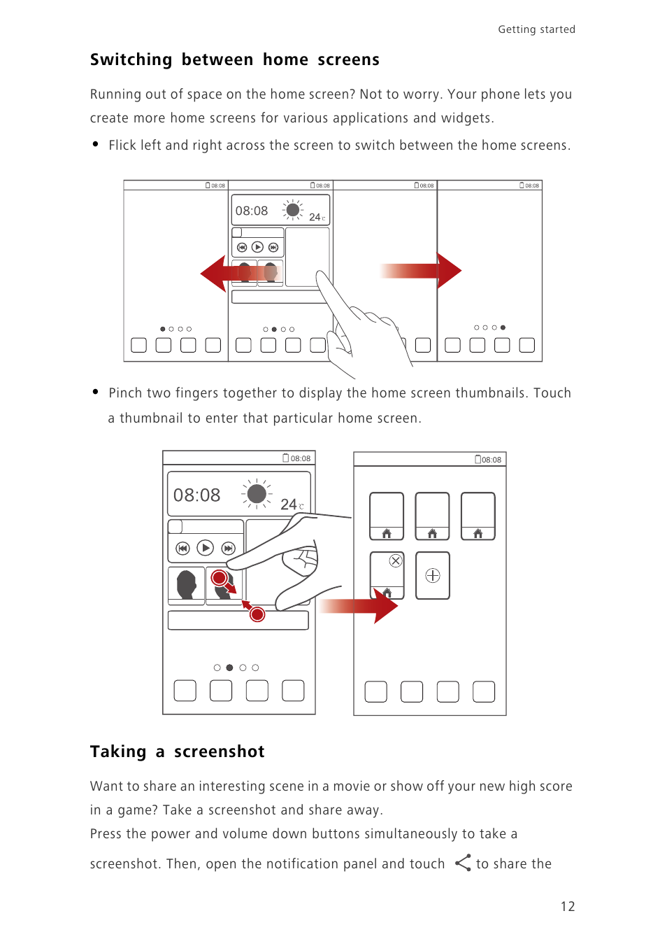 Switching between home screens, Taking a screenshot | Huawei Ascend G730-U10 User Manual | Page 17 / 101