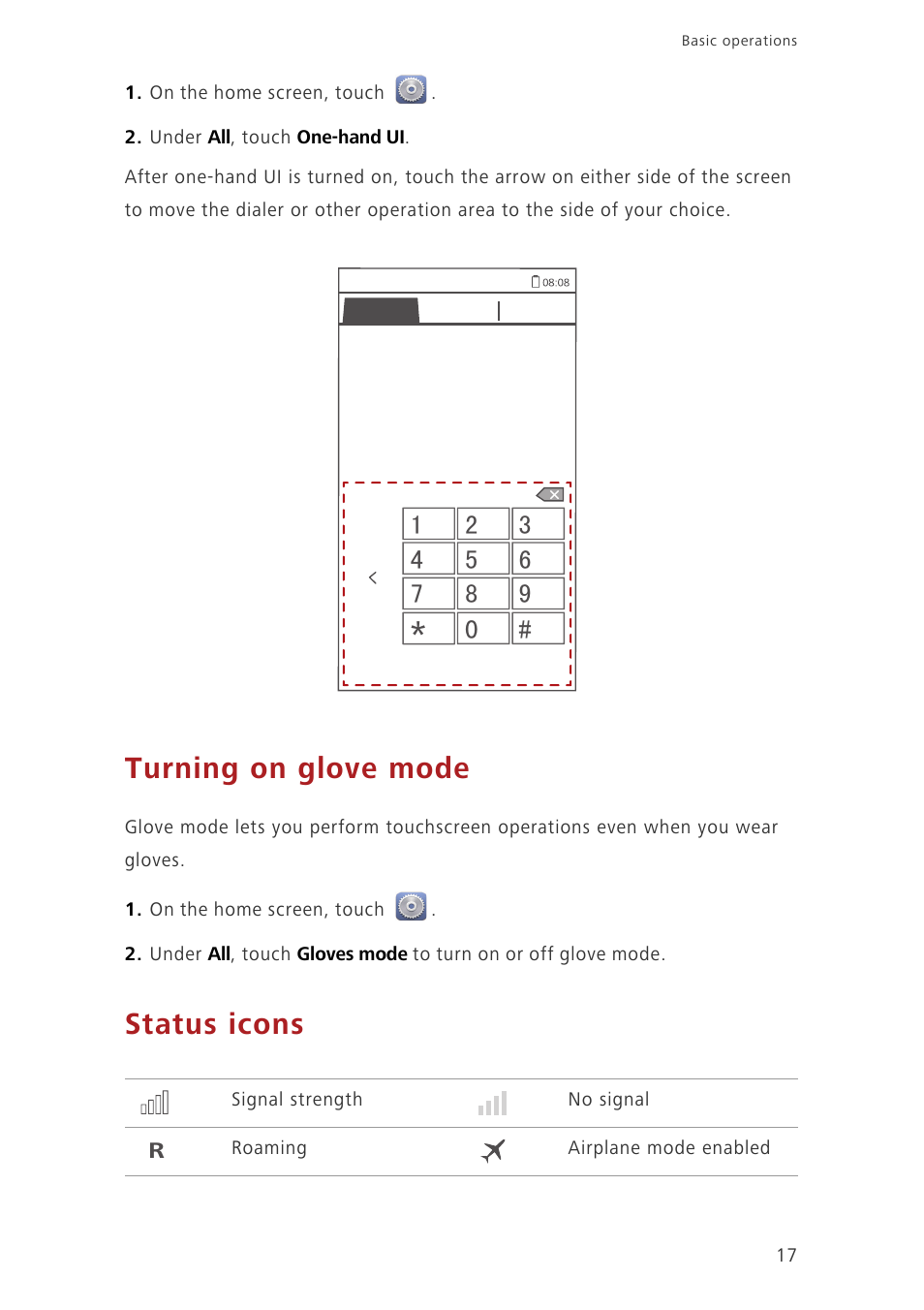 Turning on glove mode, Status icons | Huawei Ascend G730-U10 User Manual | Page 22 / 101