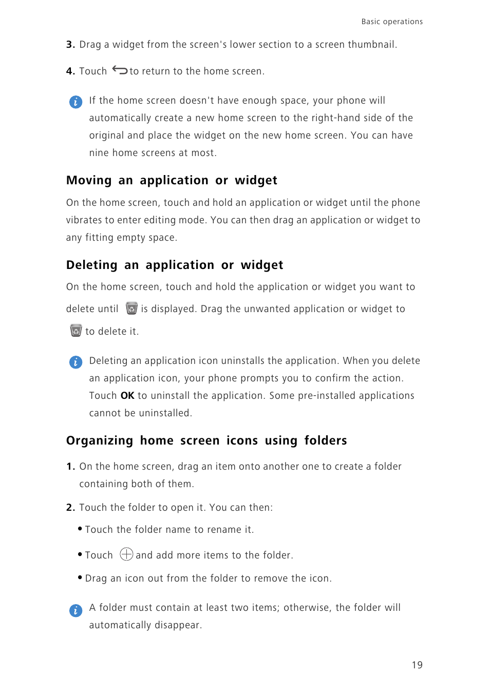 Moving an application or widget, Deleting an application or widget, Organizing home screen icons using folders | Huawei Ascend G730-U10 User Manual | Page 24 / 101