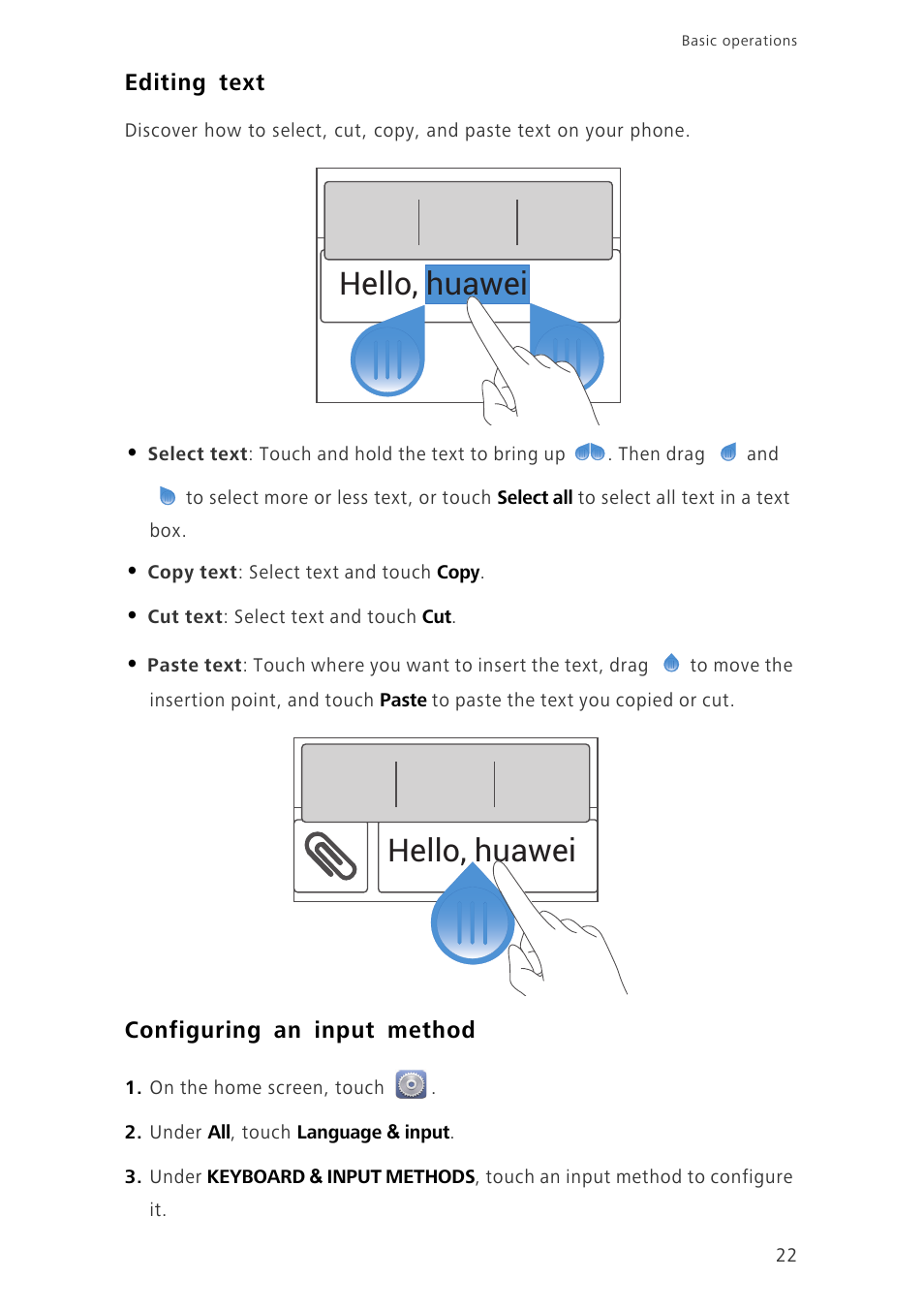 Editing text, Configuring an input method, Hello, huawei | Huawei Ascend G730-U10 User Manual | Page 27 / 101