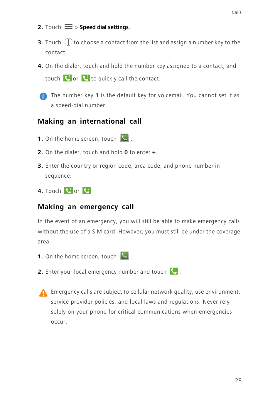 Making an international call, Making an emergency call | Huawei Ascend G730-U10 User Manual | Page 33 / 101