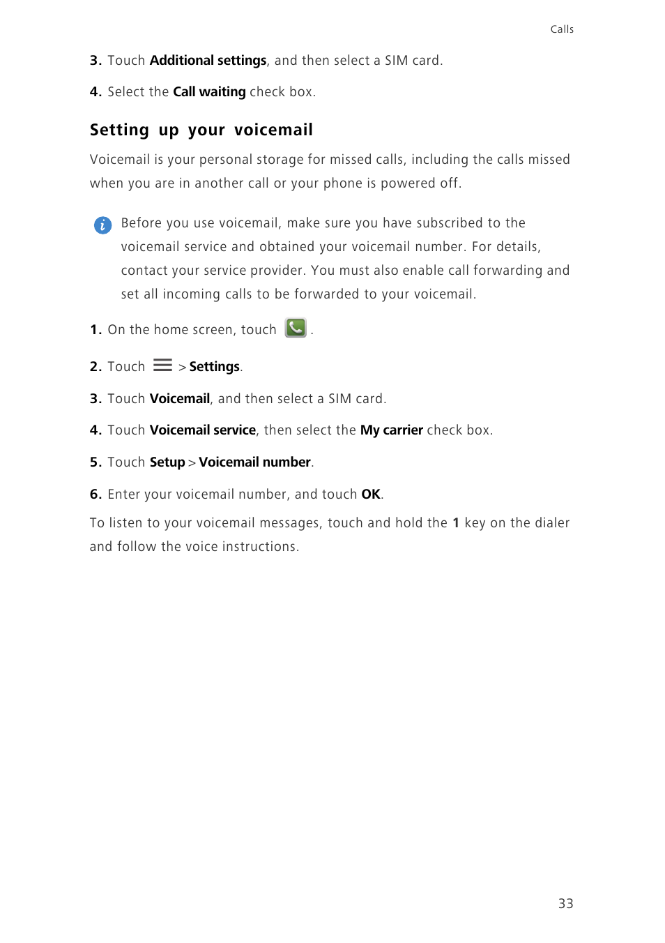 Setting up your voicemail | Huawei Ascend G730-U10 User Manual | Page 38 / 101