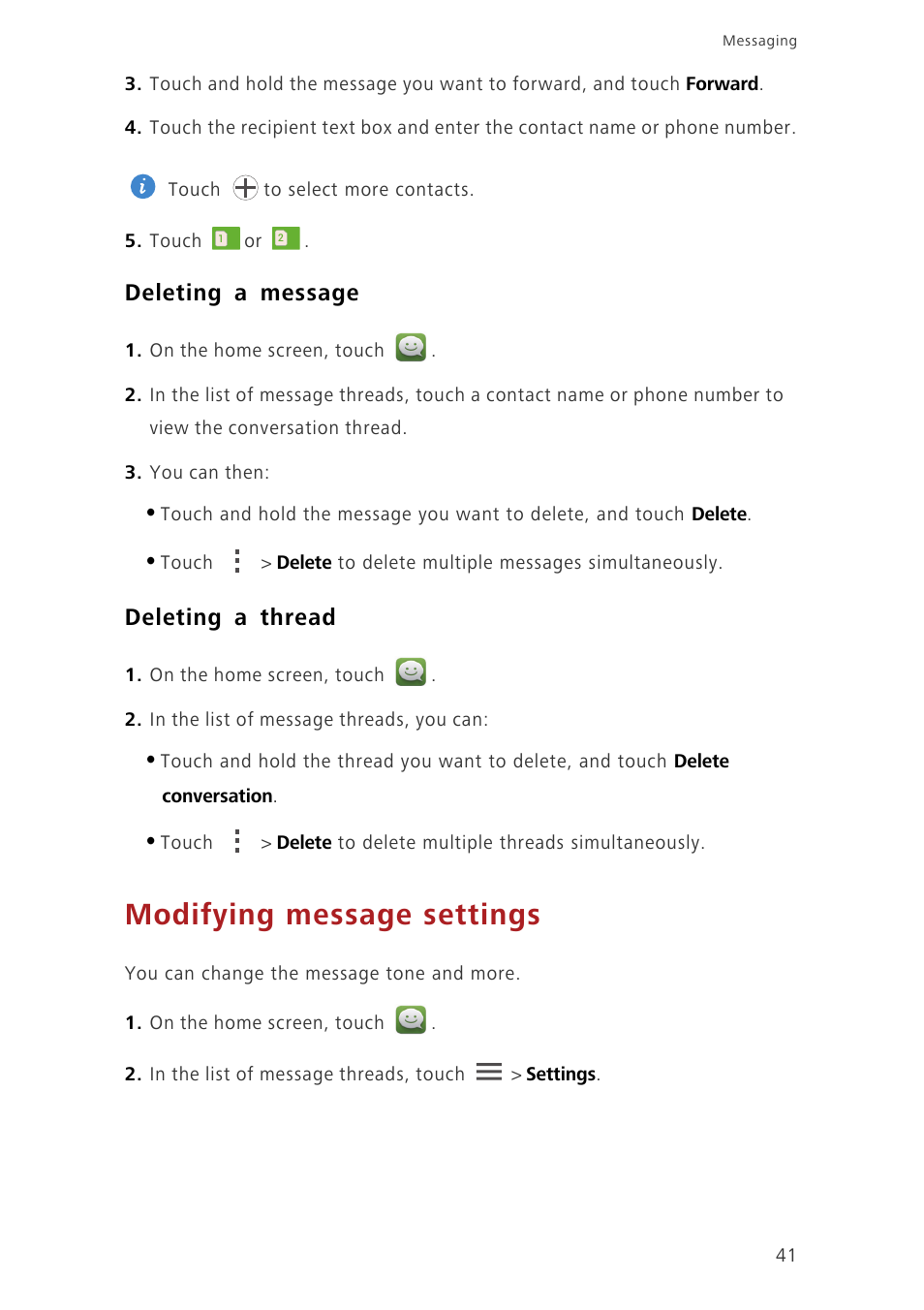 Deleting a message, Deleting a thread, Modifying message settings | Huawei Ascend G730-U10 User Manual | Page 46 / 101