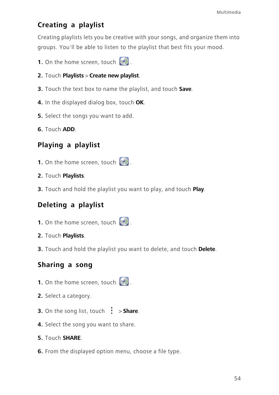 Creating a playlist, Playing a playlist, Deleting a playlist | Sharing a song | Huawei Ascend G730-U10 User Manual | Page 59 / 101