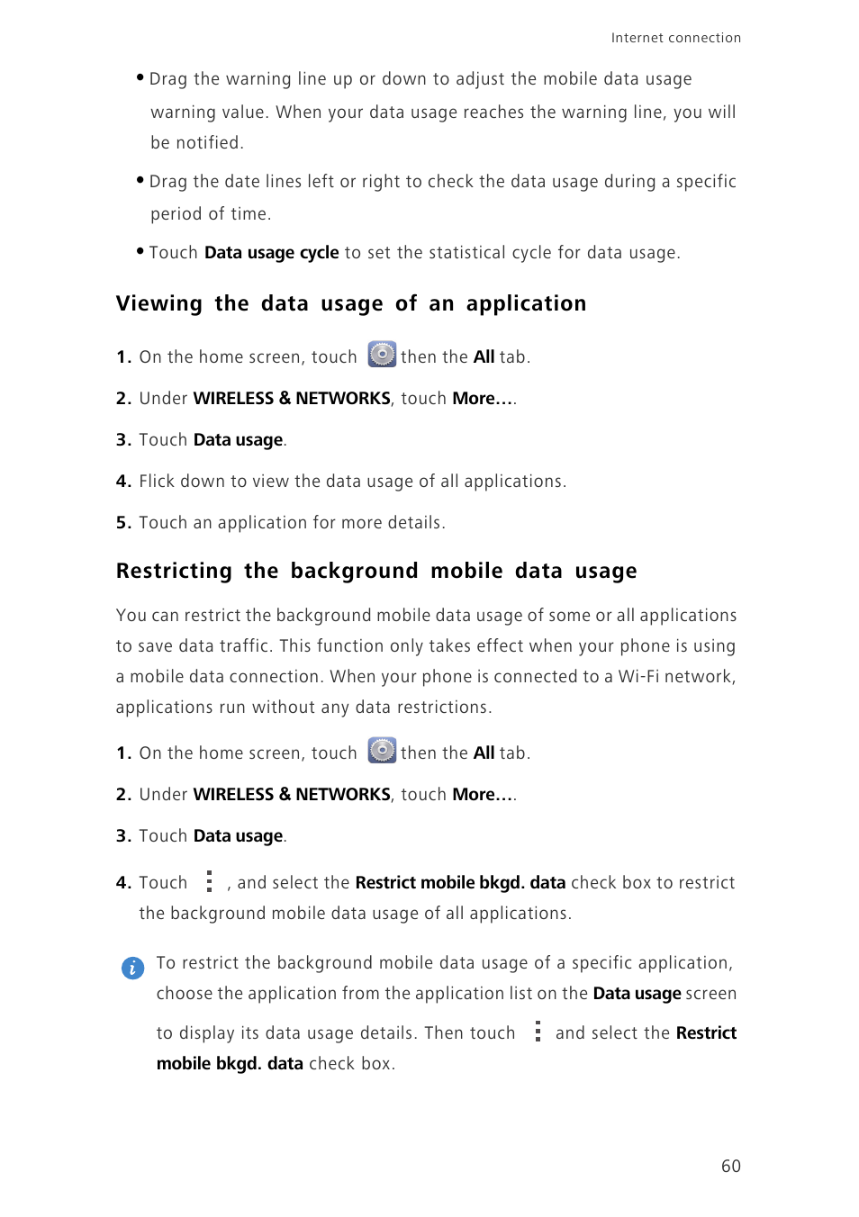 Viewing the data usage of an application, Restricting the background mobile data usage | Huawei Ascend G730-U10 User Manual | Page 65 / 101