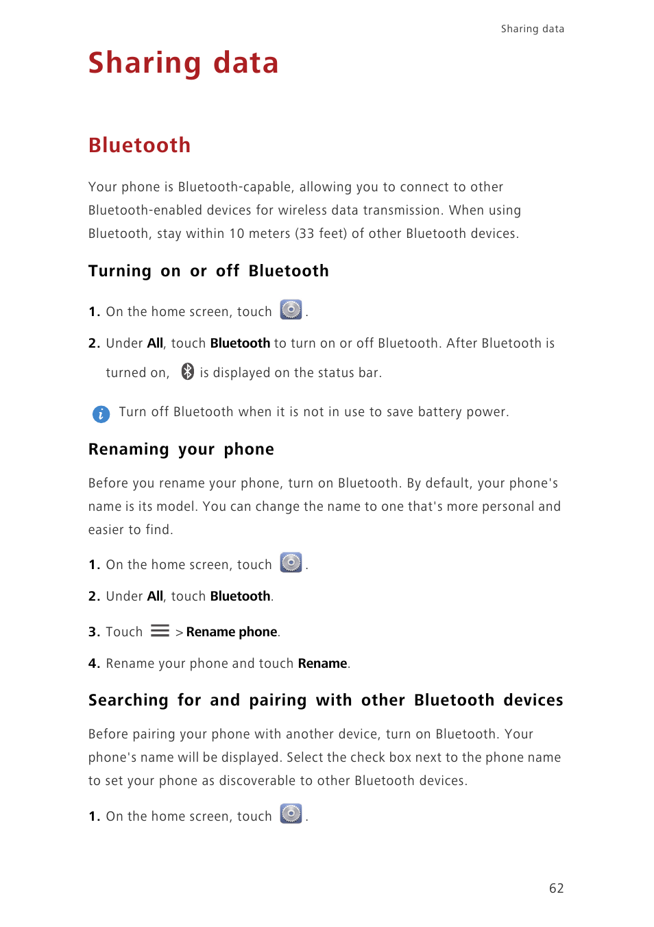 Sharing data, Bluetooth, Turning on or off bluetooth | Renaming your phone | Huawei Ascend G730-U10 User Manual | Page 67 / 101