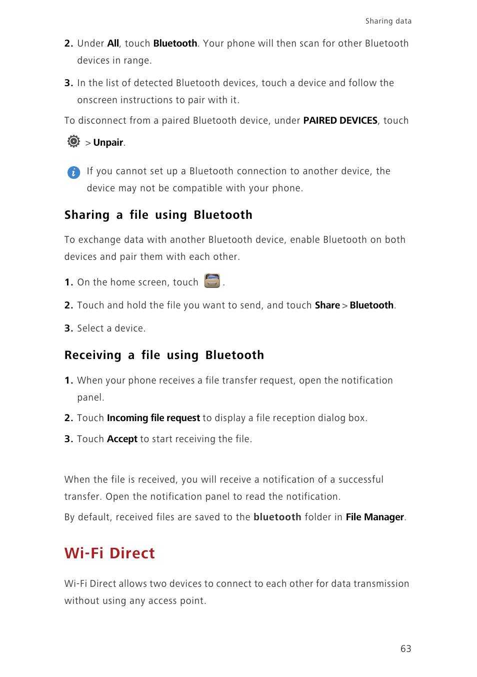 Sharing a file using bluetooth, Receiving a file using bluetooth, Wi-fi direct | Sharing a file using, Bluetooth | Huawei Ascend G730-U10 User Manual | Page 68 / 101