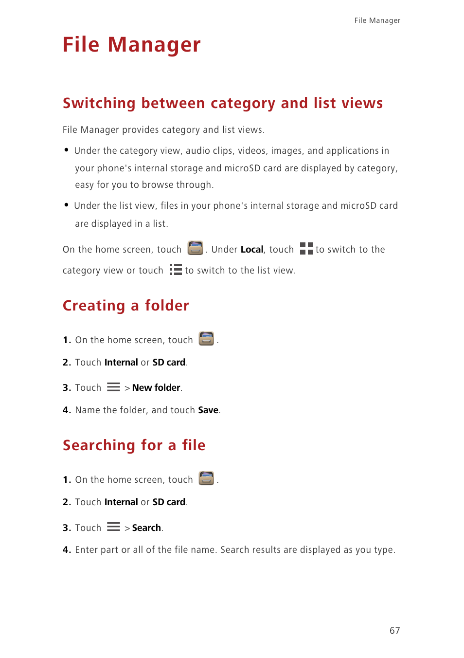 File manager, Switching between category and list views, Creating a folder | Searching for a file | Huawei Ascend G730-U10 User Manual | Page 72 / 101