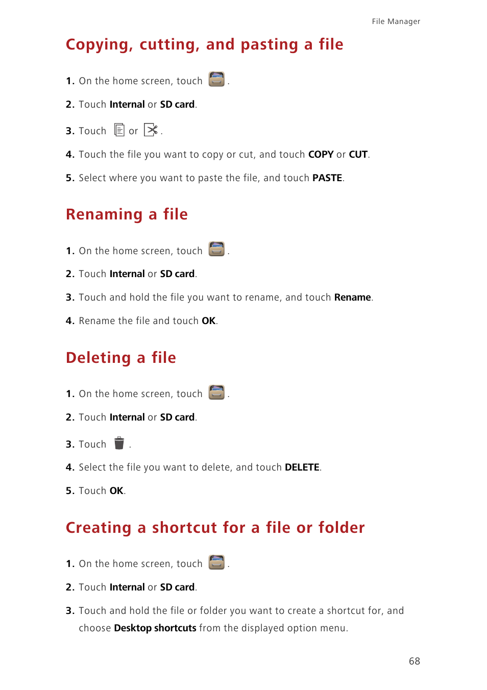 Copying, cutting, and pasting a file, Renaming a file, Deleting a file | Creating a shortcut for a file or folder | Huawei Ascend G730-U10 User Manual | Page 73 / 101