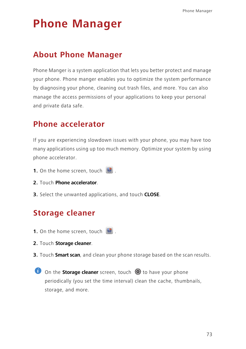 Phone manager, About phone manager, Phone accelerator | Storage cleaner | Huawei Ascend G730-U10 User Manual | Page 78 / 101