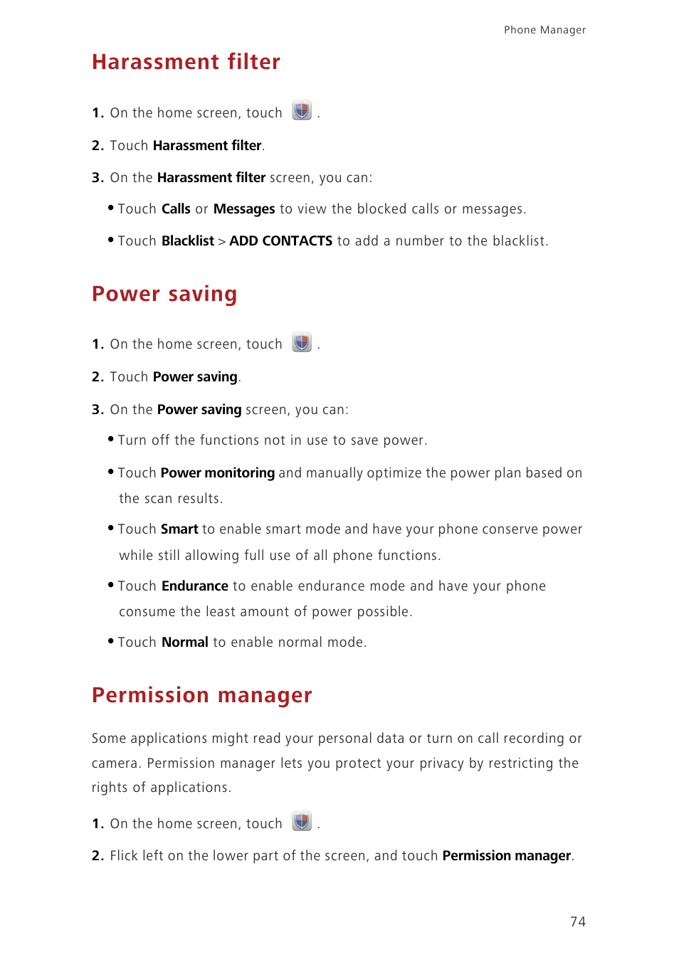 Harassment filter, Power saving, Permission manager | Huawei Ascend G730-U10 User Manual | Page 79 / 101