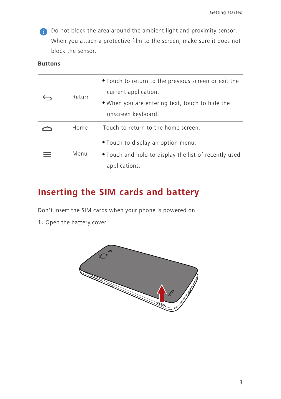 Inserting the sim cards and battery | Huawei Ascend G730-U10 User Manual | Page 8 / 101