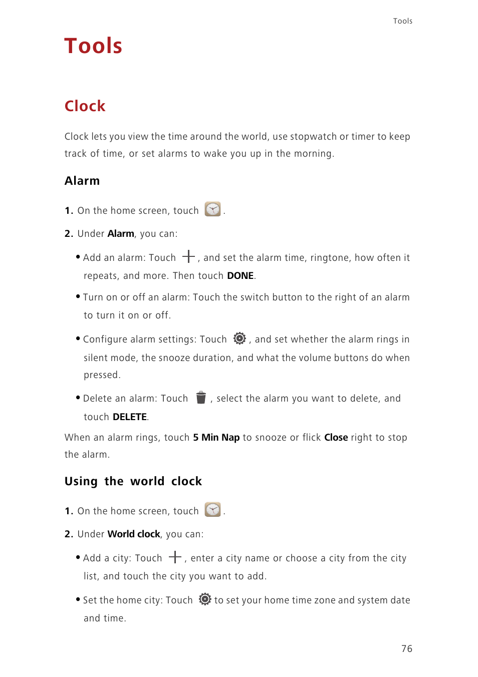 Tools, Clock, Alarm | Using the world clock | Huawei Ascend G730-U10 User Manual | Page 81 / 101