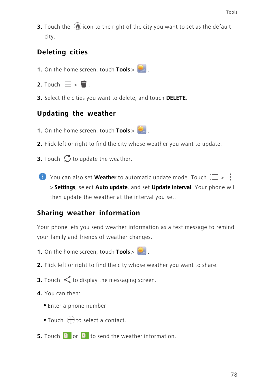 Deleting cities, Updating the weather, Sharing weather information | Huawei Ascend G730-U10 User Manual | Page 83 / 101