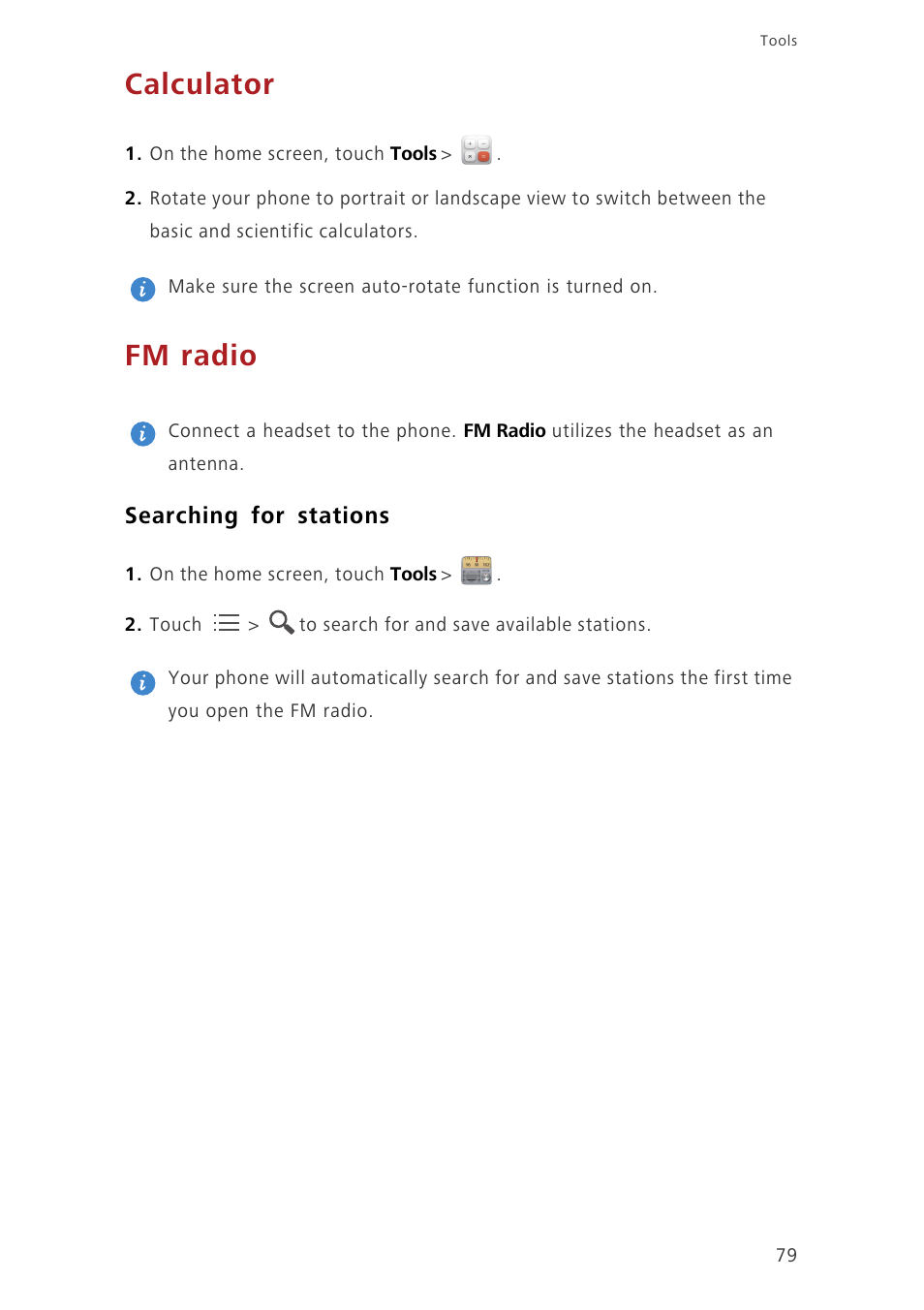 Calculator, Fm radio, Searching for stations | Huawei Ascend G730-U10 User Manual | Page 84 / 101