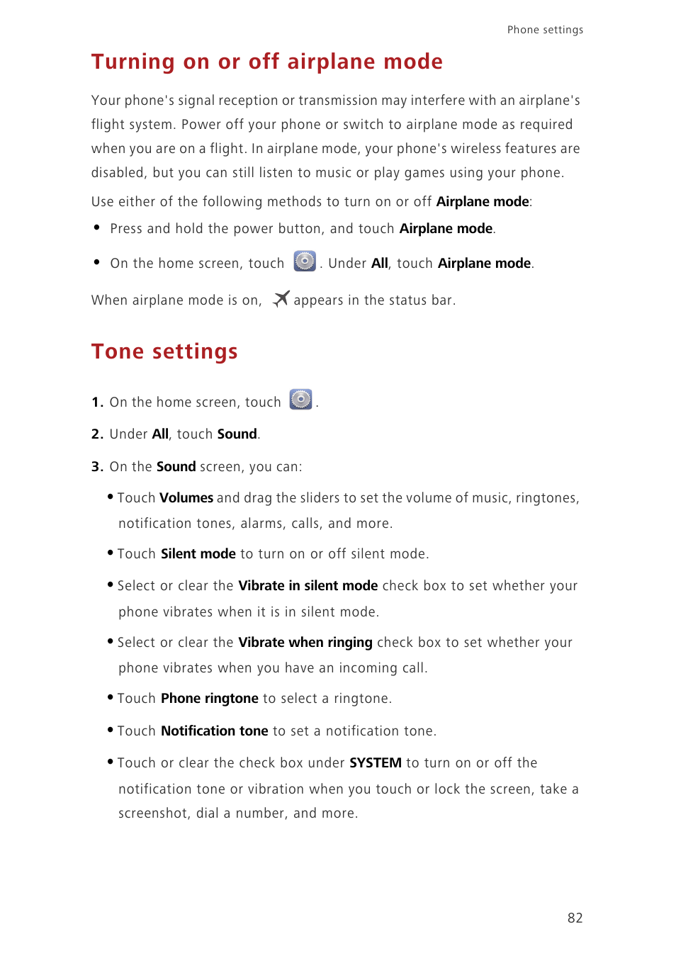 Turning on or off airplane mode, Tone settings | Huawei Ascend G730-U10 User Manual | Page 87 / 101