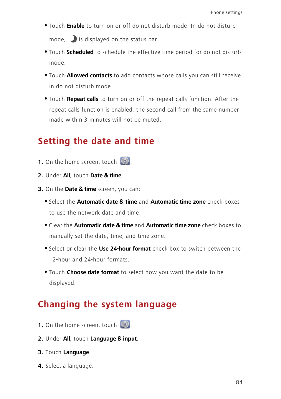 Setting the date and time, Changing the system language | Huawei Ascend G730-U10 User Manual | Page 89 / 101