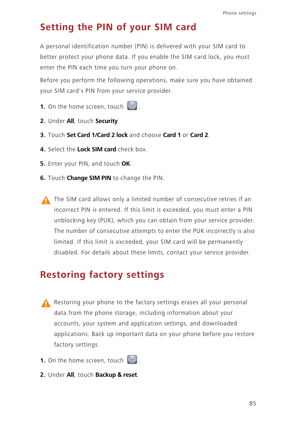 Setting the pin of your sim card, Restoring factory settings | Huawei Ascend G730-U10 User Manual | Page 90 / 101