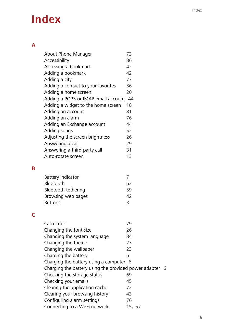 Index | Huawei Ascend G730-U10 User Manual | Page 95 / 101