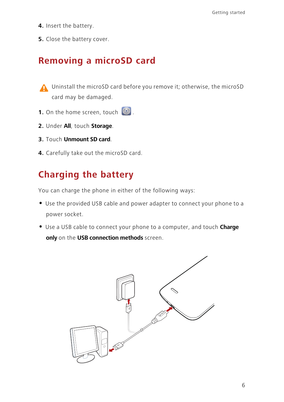 Removing a microsd card, Charging the battery | Huawei Ascend G730-U27 User Manual | Page 11 / 101