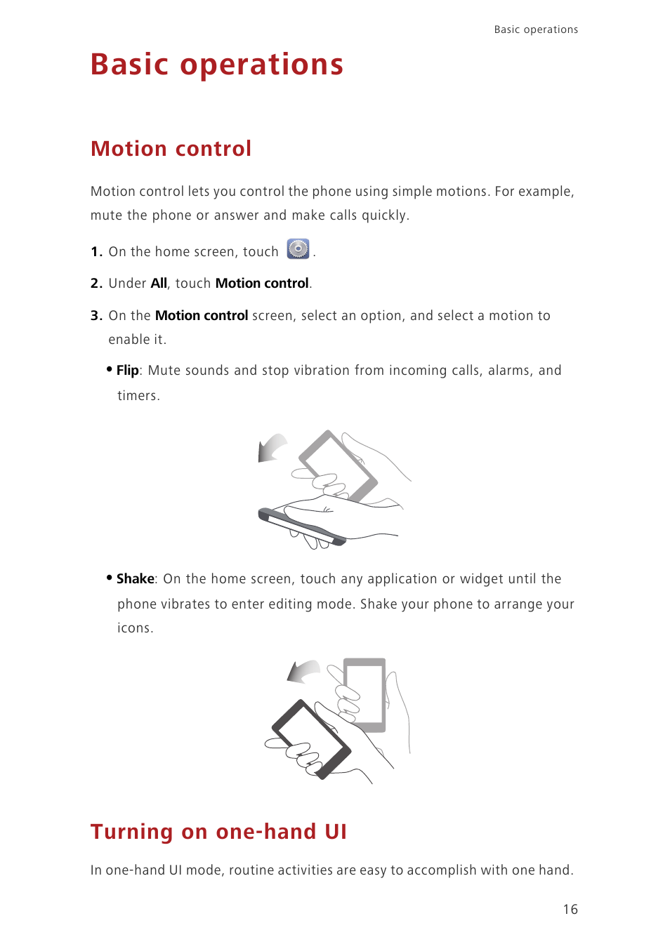 Basic operations, Motion control, Turning on one-hand ui | Huawei Ascend G730-U27 User Manual | Page 21 / 101