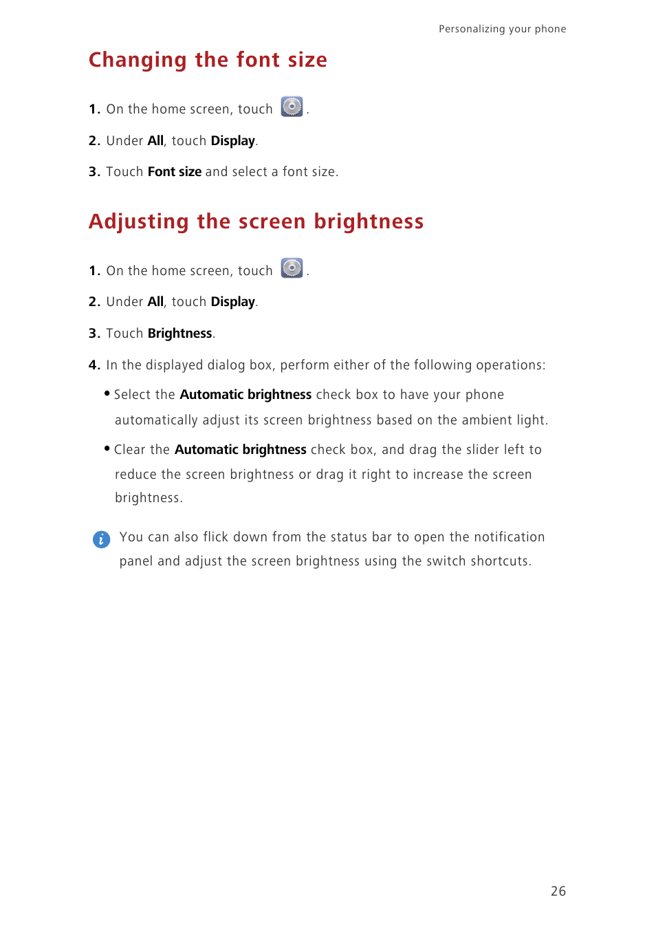 Changing the font size, Adjusting the screen brightness | Huawei Ascend G730-U27 User Manual | Page 31 / 101
