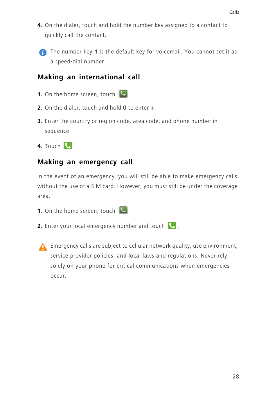 Making an international call, Making an emergency call | Huawei Ascend G730-U27 User Manual | Page 33 / 101