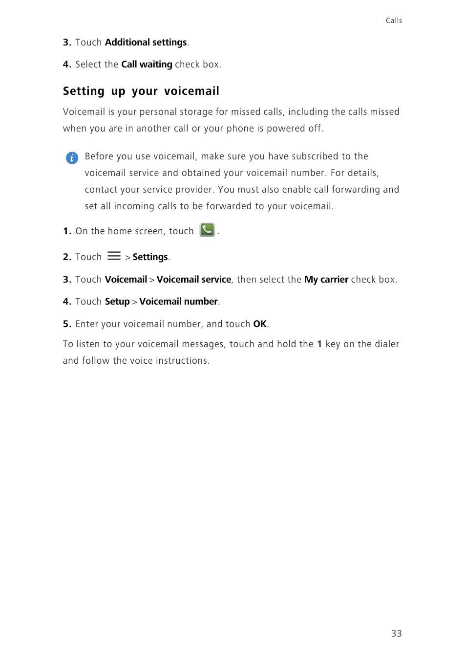 Setting up your voicemail | Huawei Ascend G730-U27 User Manual | Page 38 / 101