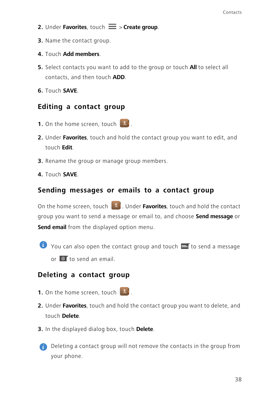 Editing a contact group, Sending messages or emails to a contact group, Deleting a contact group | Huawei Ascend G730-U27 User Manual | Page 43 / 101