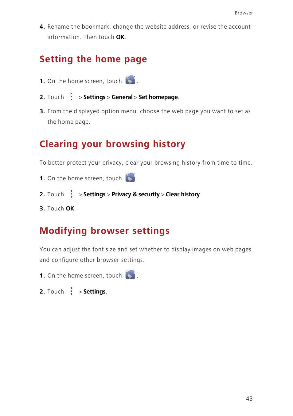 Clearing your browsing history, Modifying browser settings, Setting the home page | Huawei Ascend G730-U27 User Manual | Page 48 / 101