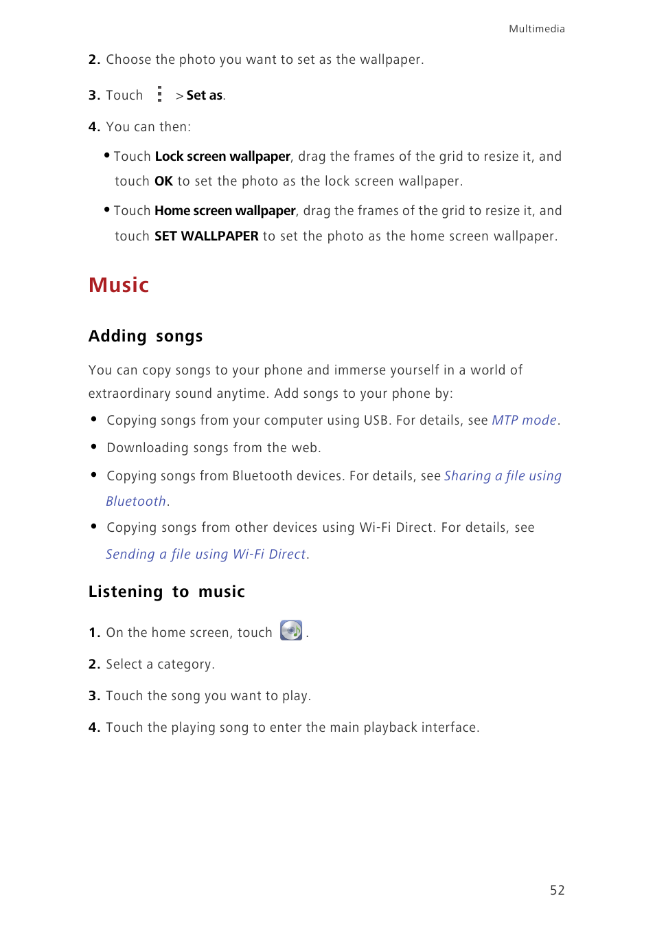 Music, Adding songs, Listening to music | Huawei Ascend G730-U27 User Manual | Page 57 / 101