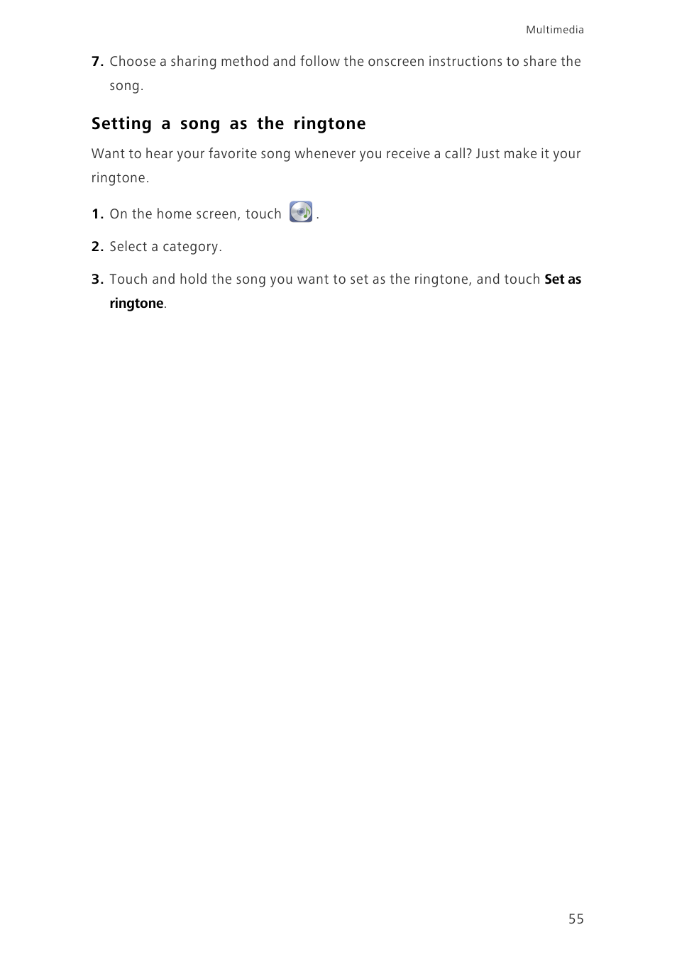 Setting a song as the ringtone | Huawei Ascend G730-U27 User Manual | Page 60 / 101