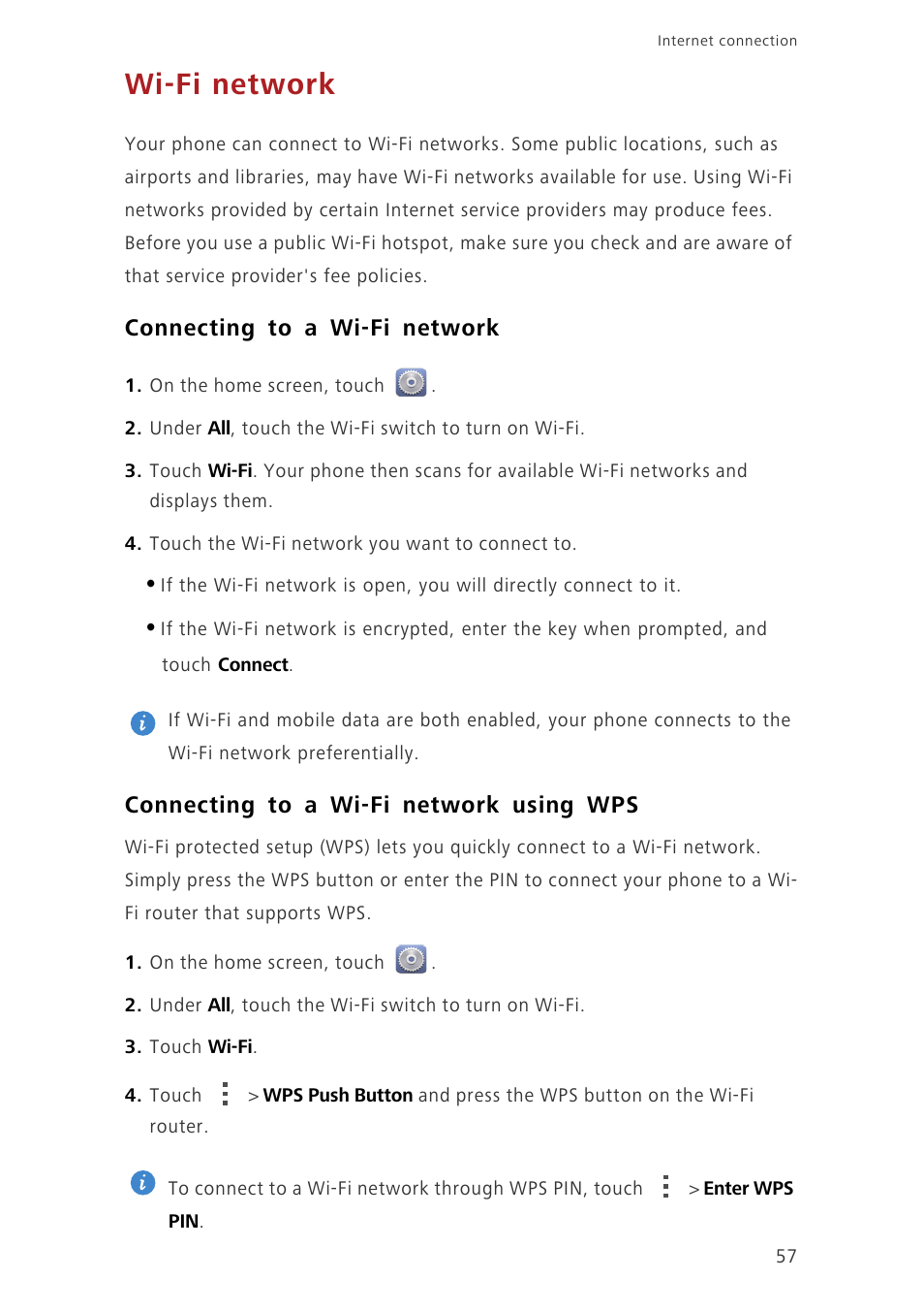 Wi-fi network, Connecting to a wi-fi network, Connecting to a wi-fi network using wps | Huawei Ascend G730-U27 User Manual | Page 62 / 101