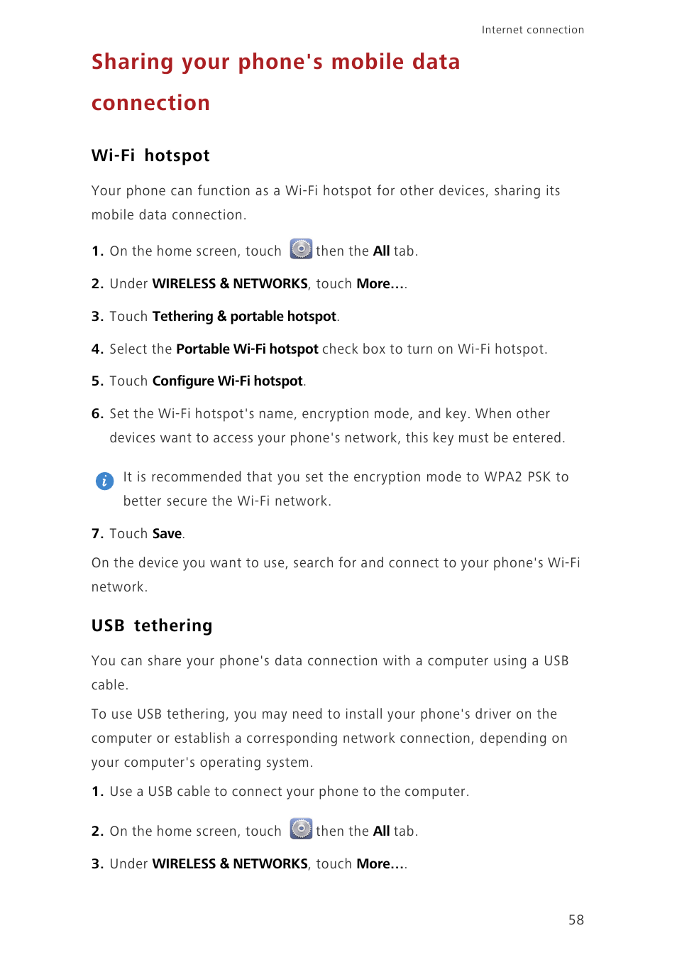 Sharing your phone's mobile data connection, Wi-fi hotspot, Usb tethering | Huawei Ascend G730-U27 User Manual | Page 63 / 101
