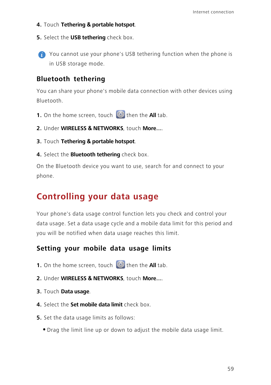 Bluetooth tethering, Controlling your data usage, Setting your mobile data usage limits | Huawei Ascend G730-U27 User Manual | Page 64 / 101